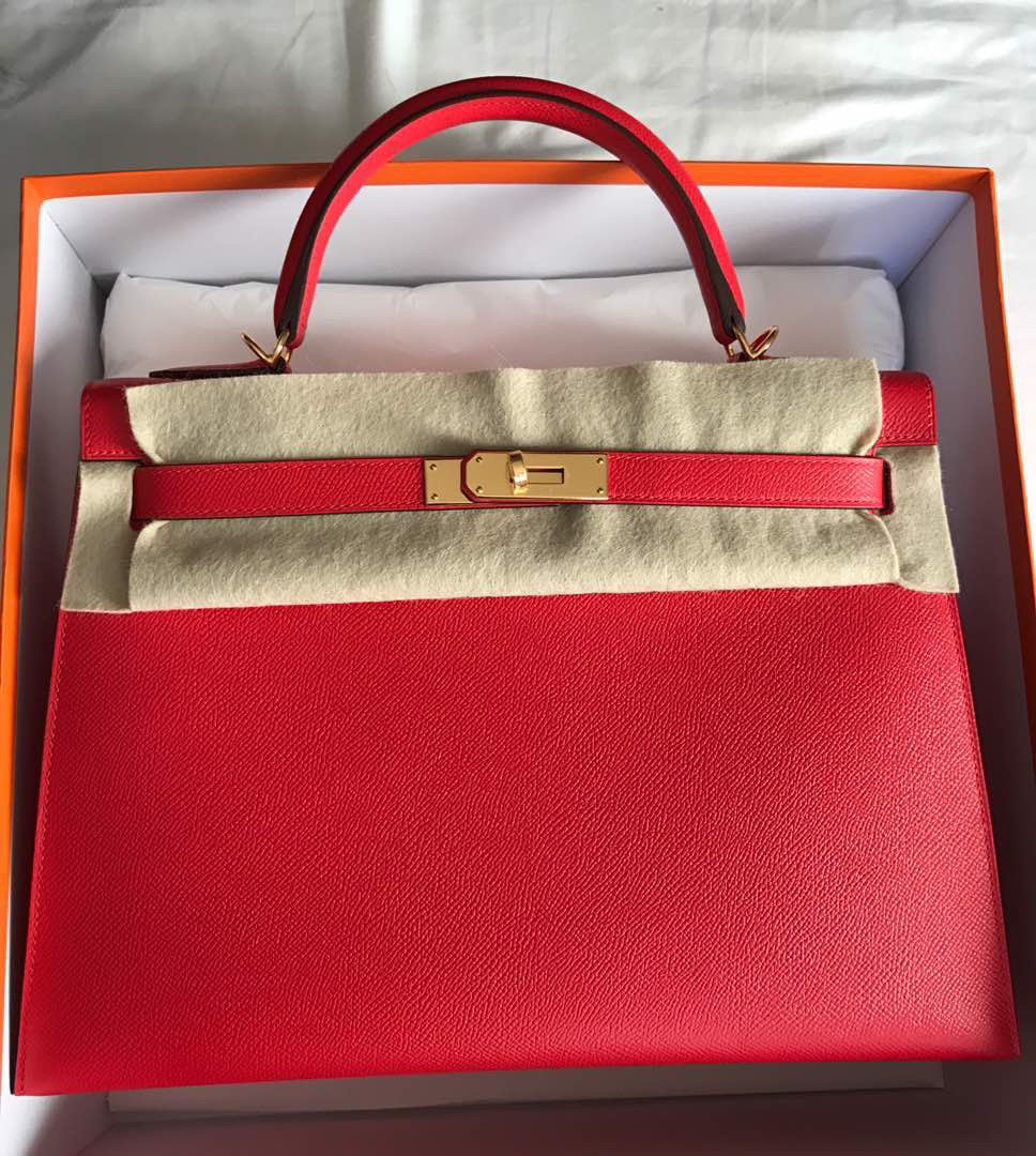 Hermes Kelly bag 25 Retourne Rouge casaque Togo leather Gold hardware