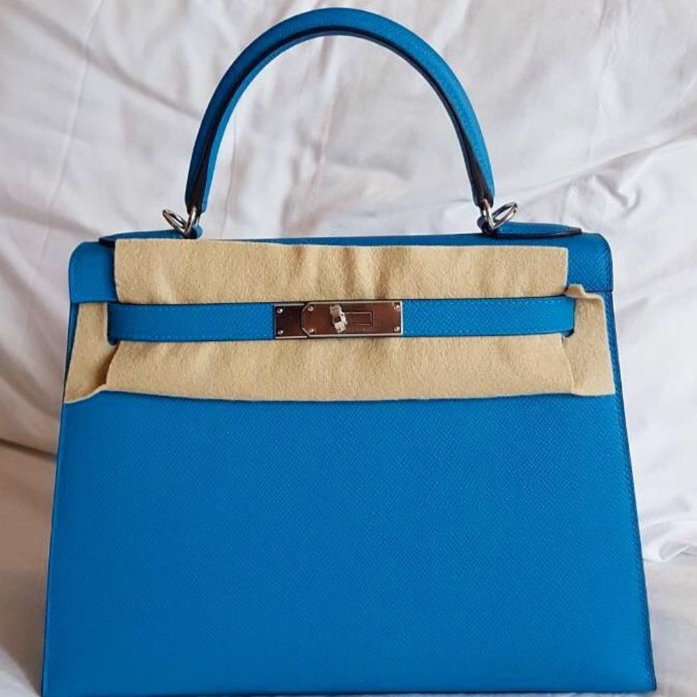 Hermes Blue Epsom Leather Palladium Hardware Kelly 28 Sellier Bag Hermes