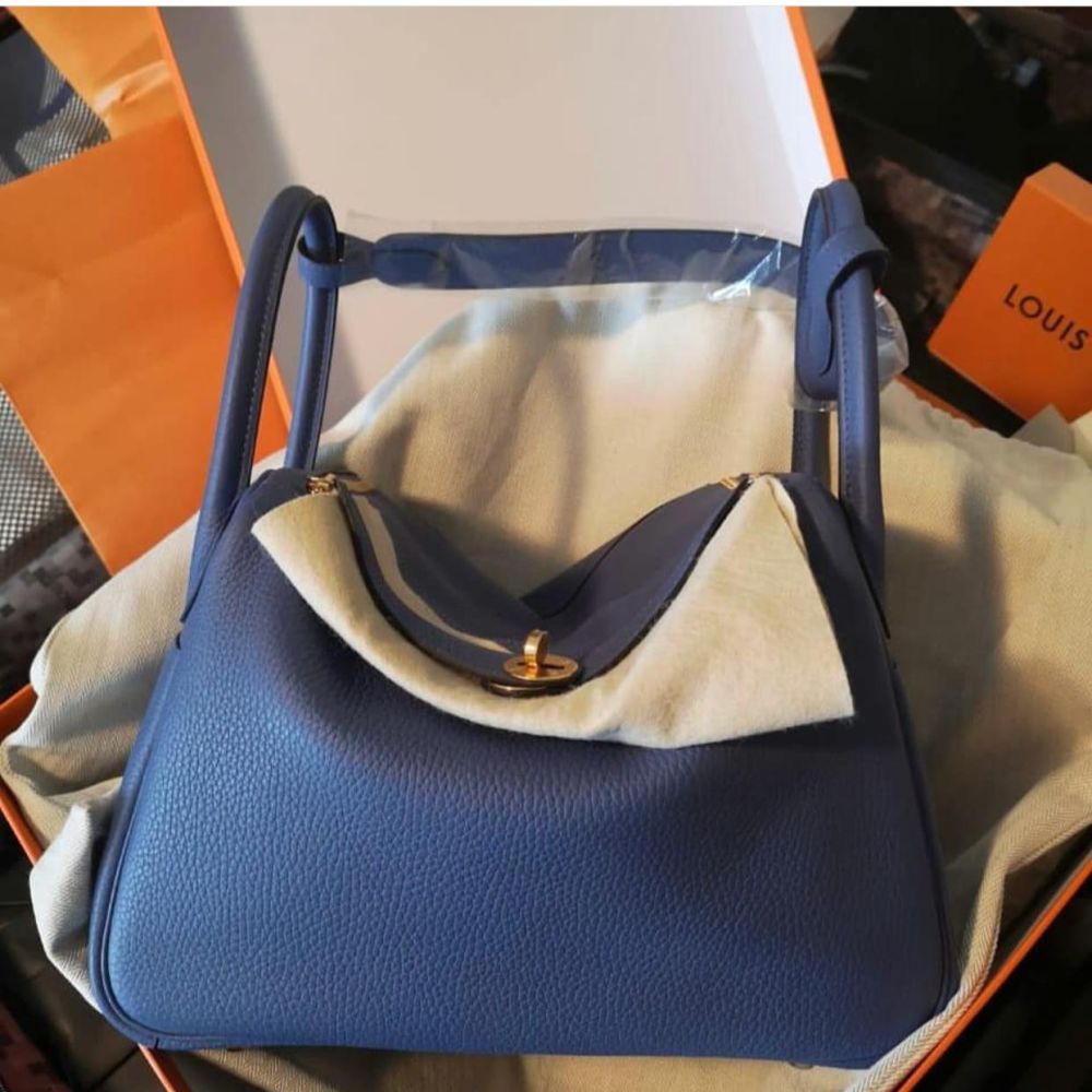 Hermes Lindy 30 Bleu Atoll Taurillon Clemence Leather Blue