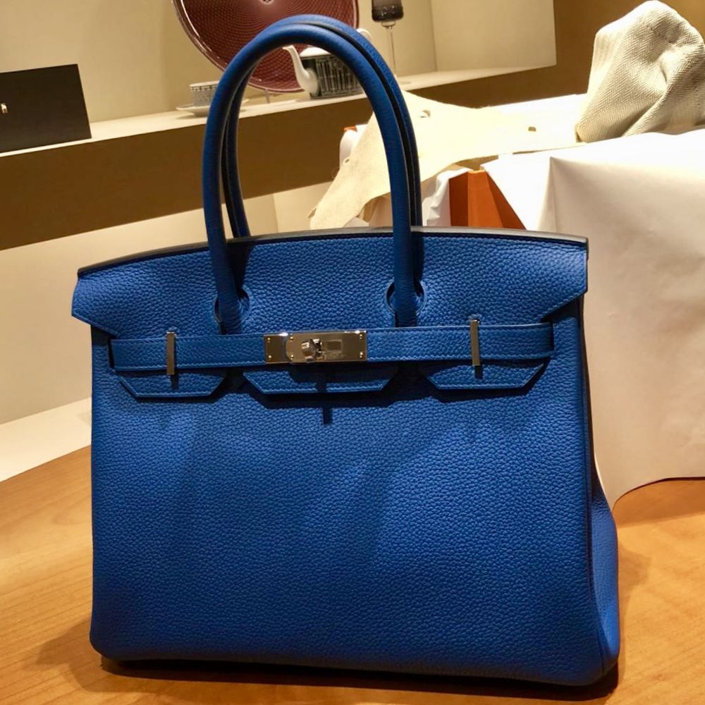 Hermes 35cm Blue Lin Togo Leather Birkin Bag with Palladium