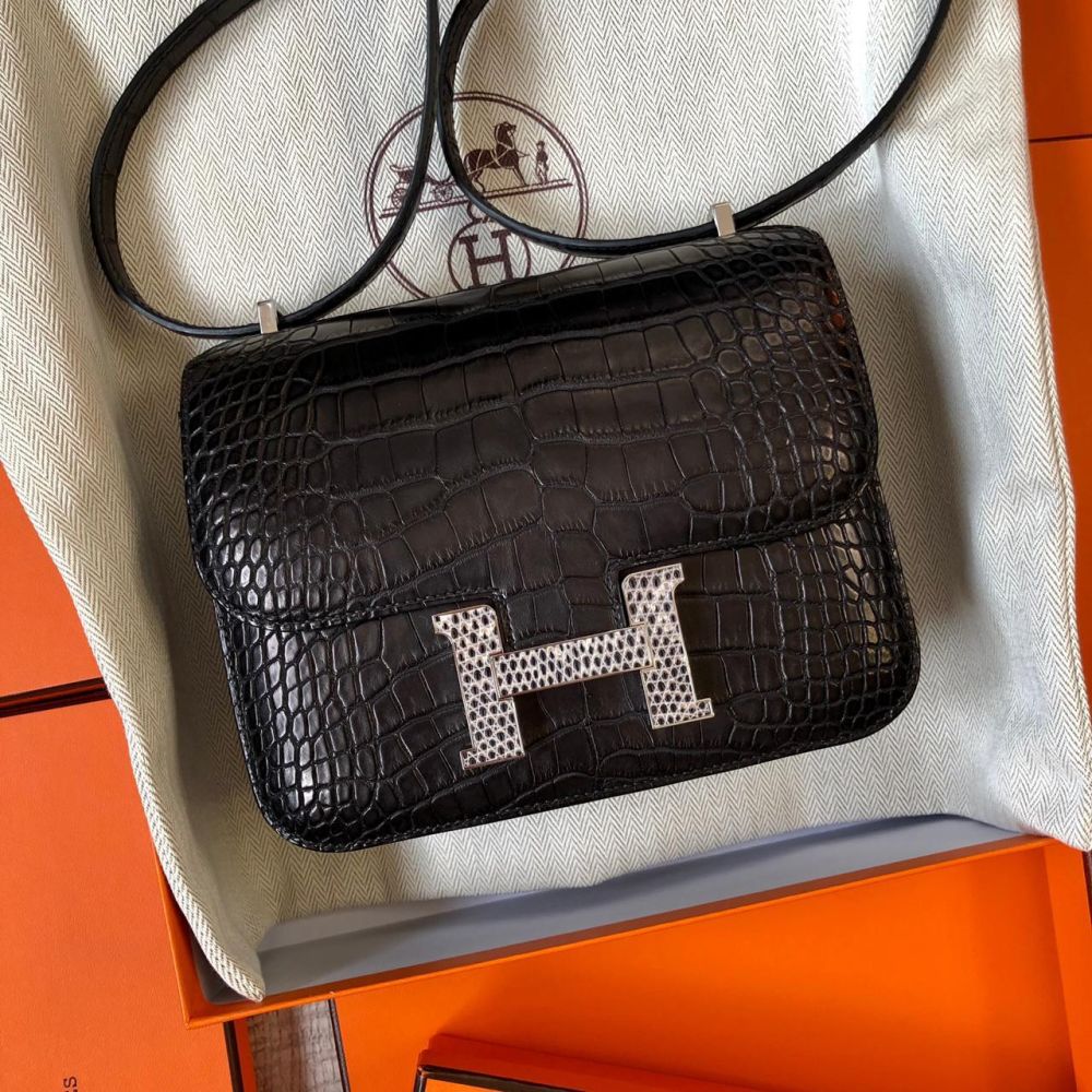 Hermes Constance Bag Alligator Leather Palladium Hardware In Orange