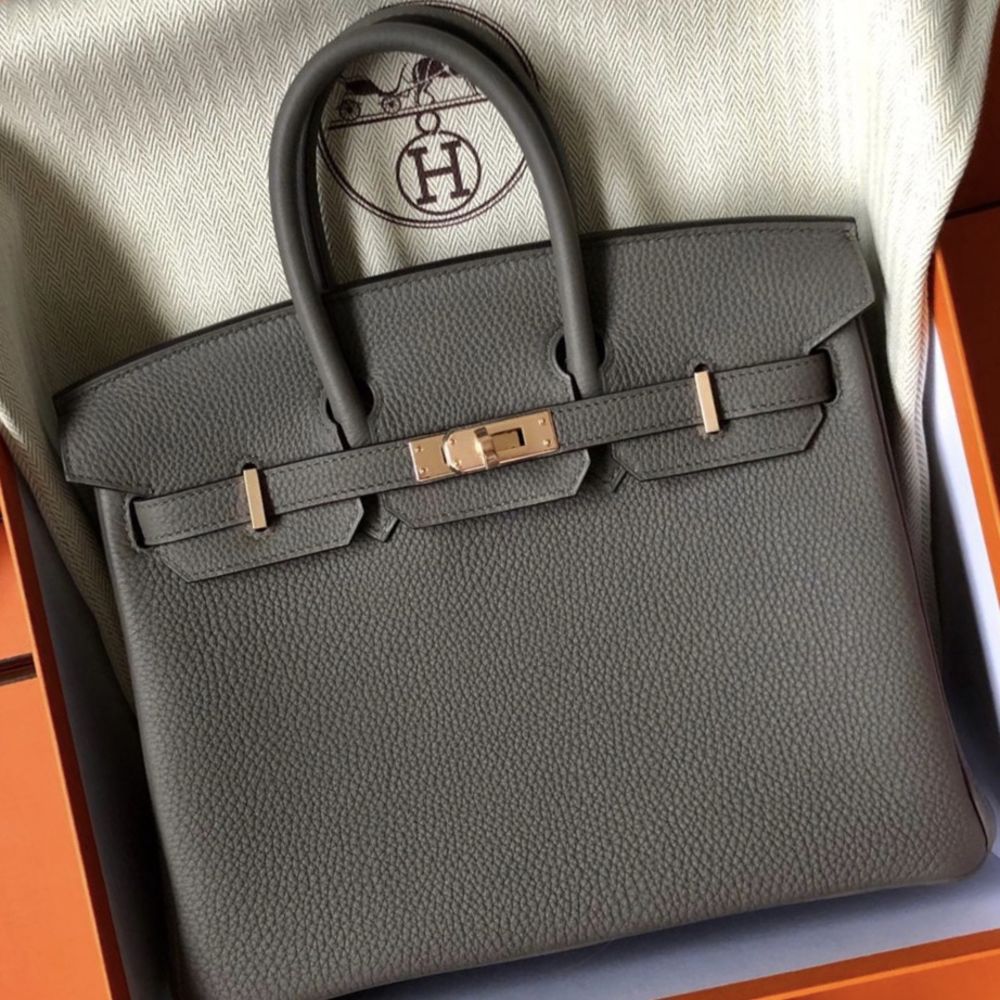 Hermes Birkin 25cm Etain Tin Grey Rose Gold Hardware Bag - Chicjoy