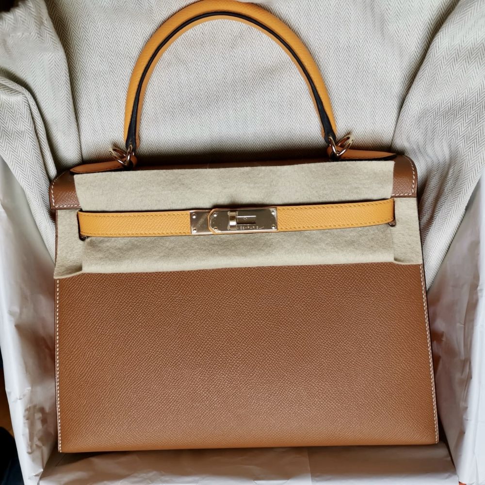 Hermès HSS Kelly 28 Sellier Chalk Craie & Golden Yellow Jaune d'Or Epsom  with Brushed Gold Hardware - Bags - Kabinet Privé