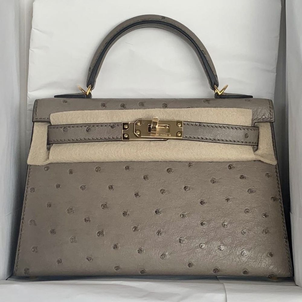 Hermes 20cm Graphite Ostrich Mini Sellier Kelly Bag with Gold, Lot #58105
