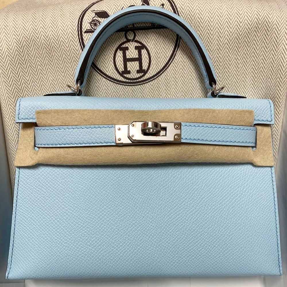 Hermes Mini Kelly II 20 Bag Celeste /blue with Palladium Hardware Epsom  Leather
