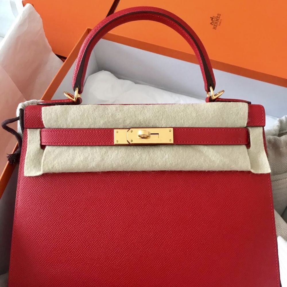 Hermes Kelly 28 Sellier Epsom Leather Rouge Casaque Red Gold