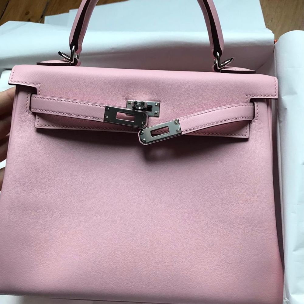 Hermes Kelly 25 Rose Sakura Bag Palladium Hardware Swift Leather