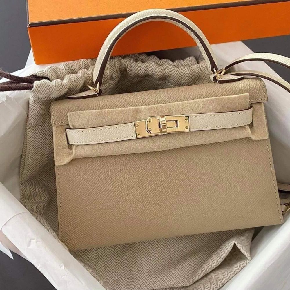 Hermes Special Order HSS Mini Kelly 20 Sellier Bag Craie & Etoupe Bag Epsom  Leather with Gold Hardware