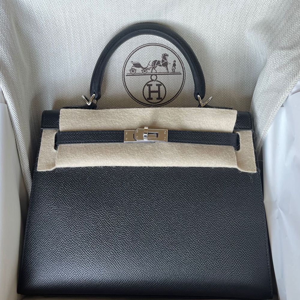 Hermes Kelly Sellier Epsom Palladium 25 Noir in Epsom Leather with