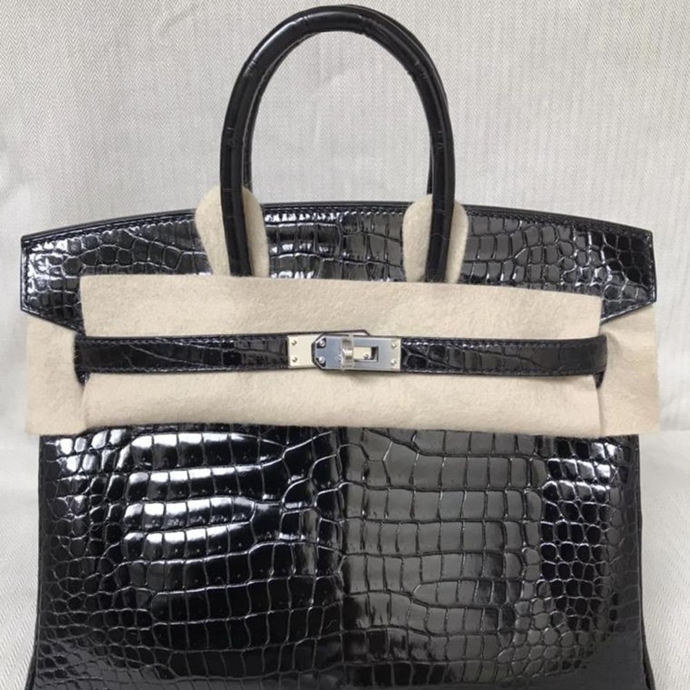 Hermes Noir Black Crocodile Gold Birkin 25 Handbag Kelly Bag